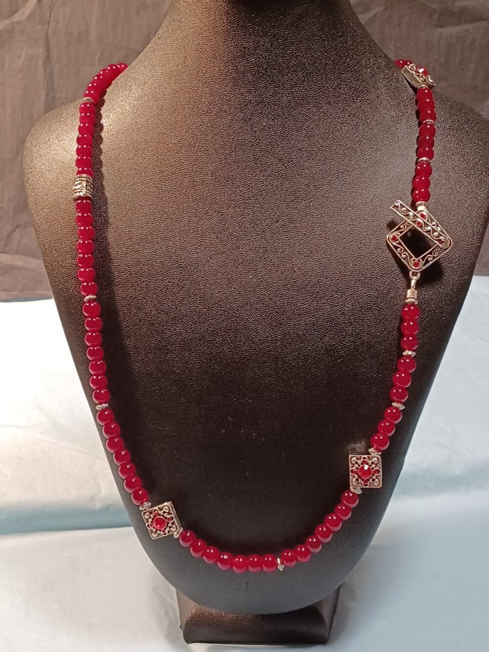 Red Glass Painted beads & Bali Silver Necklace